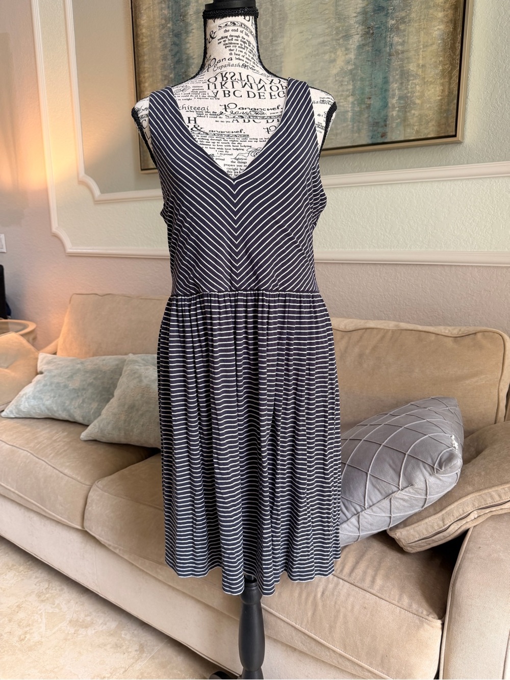 LOFT | Sz Medium | Vintage Navy & White Striped V-Neck Cross Back Dress